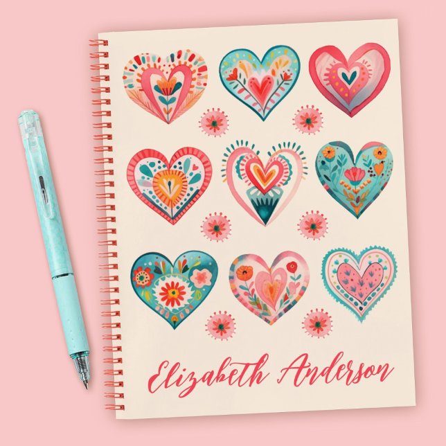 Cuaderno Patrón Corazón de San Valentín (A cute watercolor hearts personalized journal. Makes a great gift for Valentines Day!)