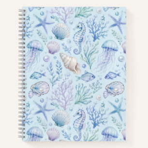 Cuaderno Patrón costero acuarela de concha marina azul