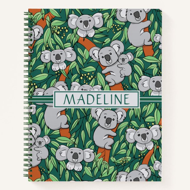 Cuaderno Patrón Cute Koala Personalizado Hunter Green (Anverso)