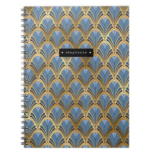 Cuaderno Patrón de abanico Art Deco personalizado azul dora