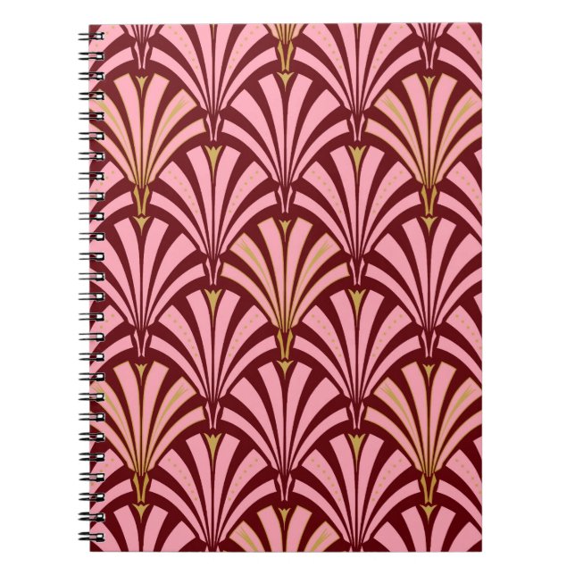 Cuaderno patrón de abanico Art Deco - rosa y burdeos (Frente)