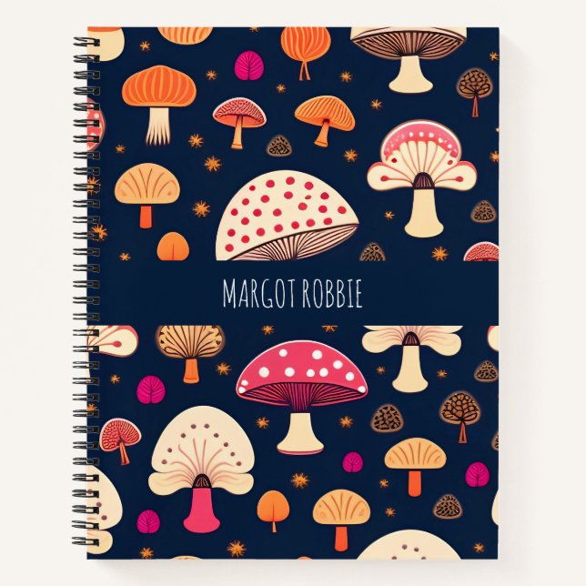 Cuaderno Patrón de acuarela azul rosa de hongos divertidos (Anverso)