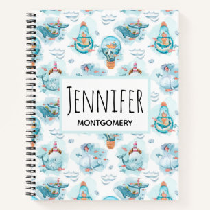 Cuaderno Patrón de acuarela de ballenas náuticas