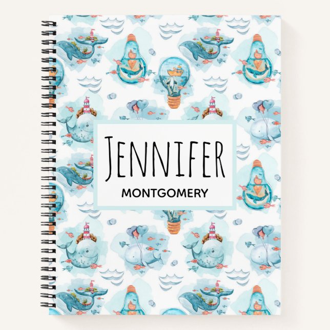 Cuaderno Patrón de acuarela de ballenas náuticas (Anverso)