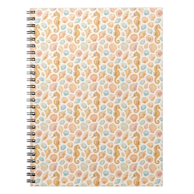 Cuaderno Patrón de acuarela de conchas marinas y caballitos (Frente)