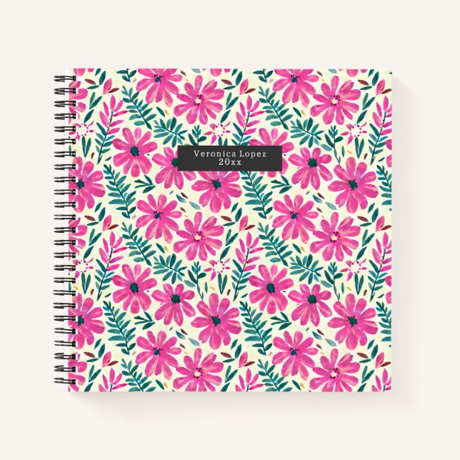 Cuaderno Patrón de acuarela de diques rosados botánicos (Anverso)