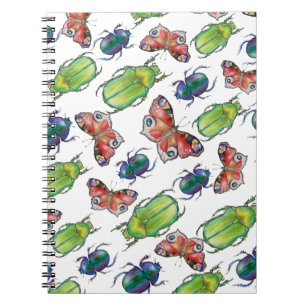 Cuaderno Patrón de acuarela de escarabajos y mariposas