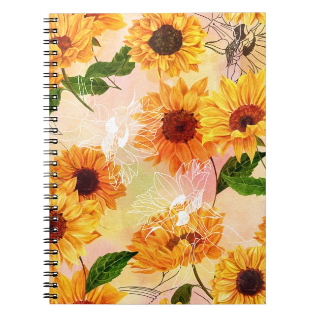 Cuaderno Patrón de acuarela de girasoles amarillos dibujado (Frente)