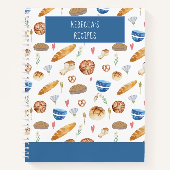 Cuaderno Patrón de acuarela de pan y panadería personalizad (Anverso)