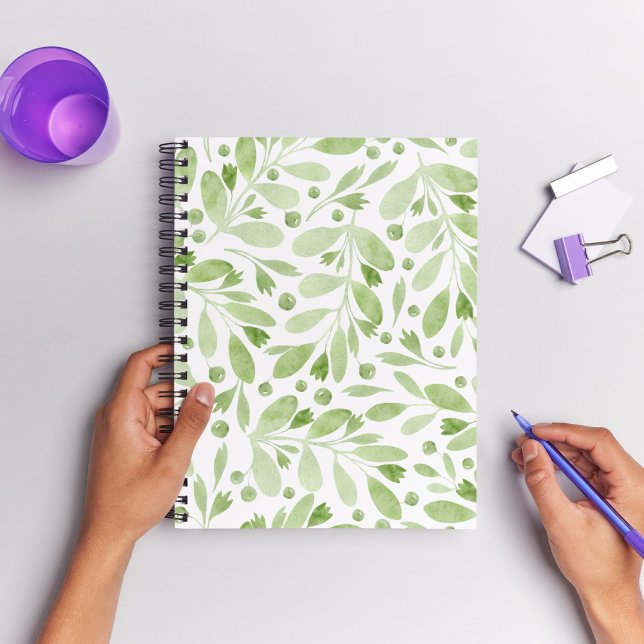 Cuaderno Patrón de acuarela femenina adorable Verdor (Hand painted watercolor plants in green and white background. )