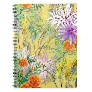 Cuaderno Patrón de acuarela floral de fondo amarillo