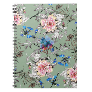 Cuaderno Patrón de acuarela floral de fondo verde.