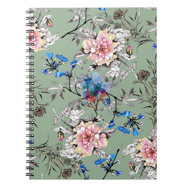 Cuaderno Patrón de acuarela floral de fondo verde. (Frente)