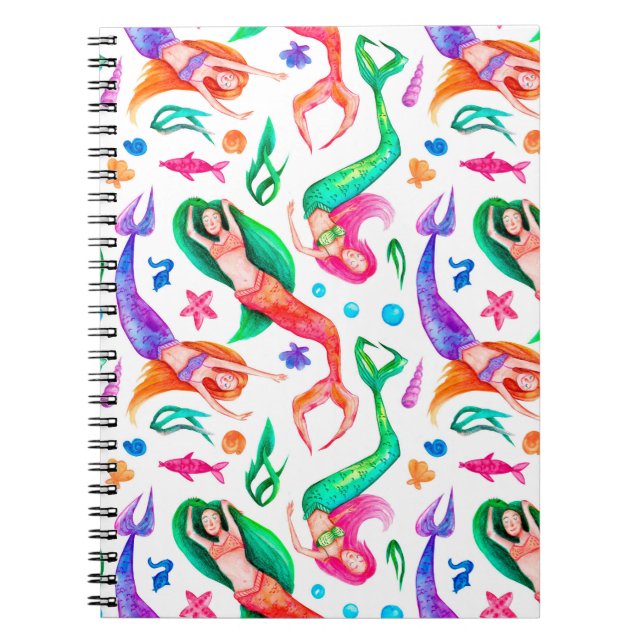 Cuaderno Patrón de acuarela sin costuras con sirenas, conch (Frente)
