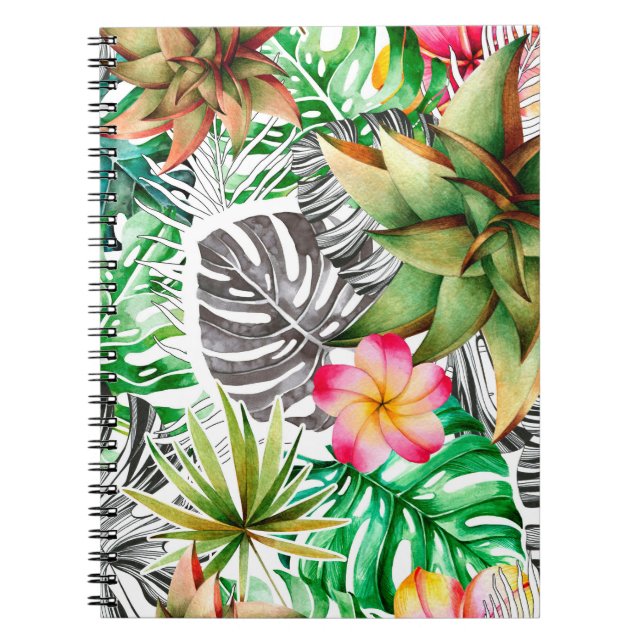Cuaderno Patrón de acuarela sin foco de hojas tropicales.  (Frente)