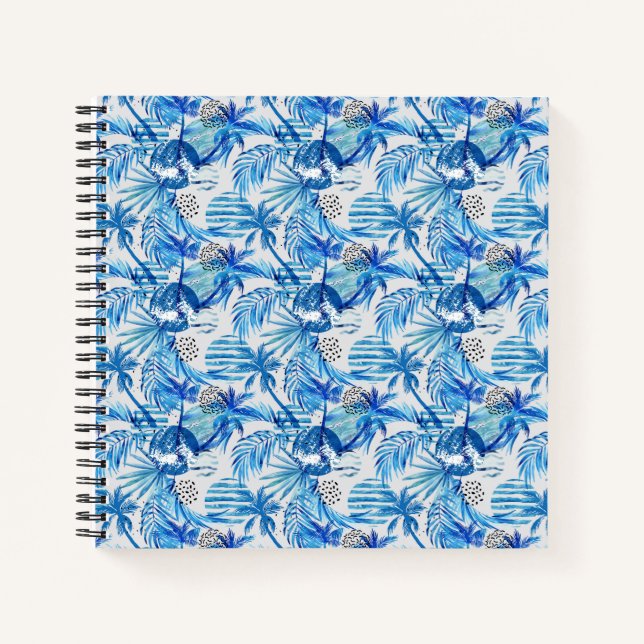 Cuaderno Patrón de acuarela tropical azul brillante (Anverso)