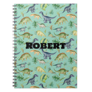 Cuaderno Patrón de acuarela verde de dinosaurios lindos par