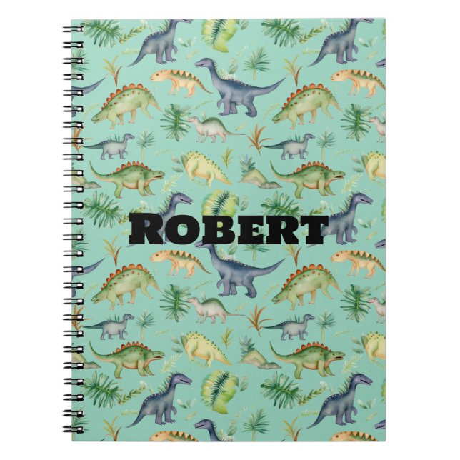 Cuaderno Patrón de acuarela verde de dinosaurios lindos par (Frente)