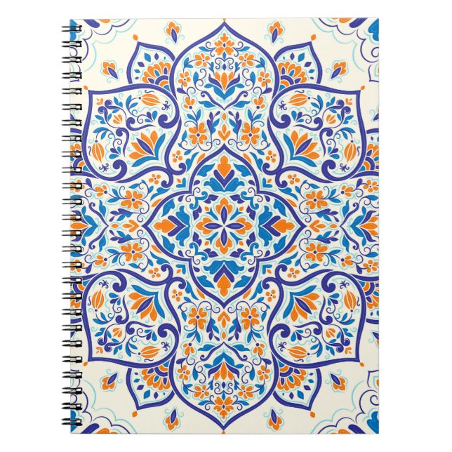 Cuaderno Patrón de adorno azul Naranja de lujo (Frente)