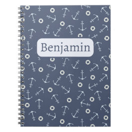 Cuaderno Patrón de ancla y nombre personalizado en azul mar
