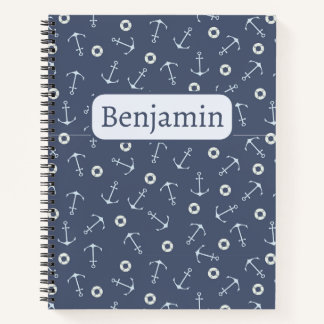 Cuaderno Patrón de Ancla y Nombre Personalizado sobre Azul