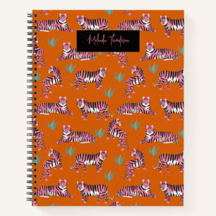 Cuaderno Patrón de animal de tigre naranja rosa boho  