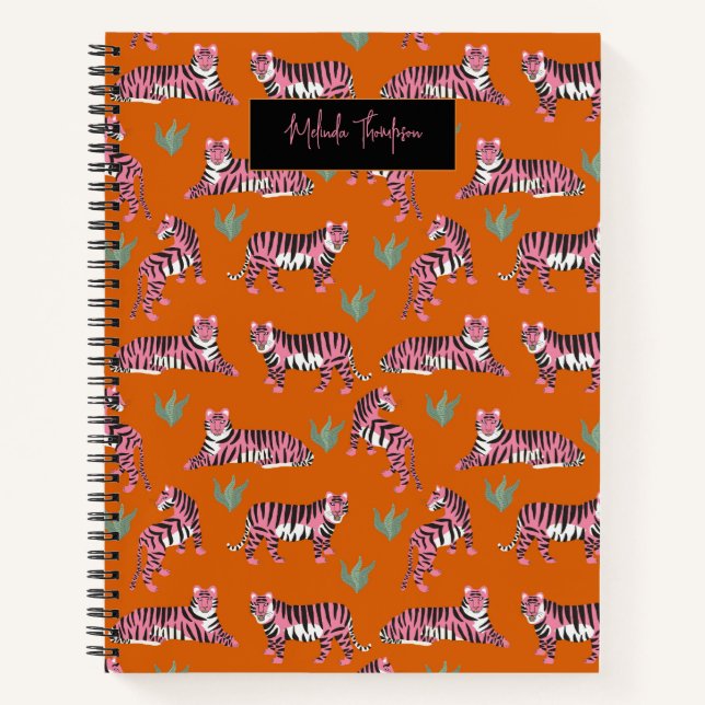 Cuaderno Patrón de animal de tigre naranja rosa boho   (Anverso)