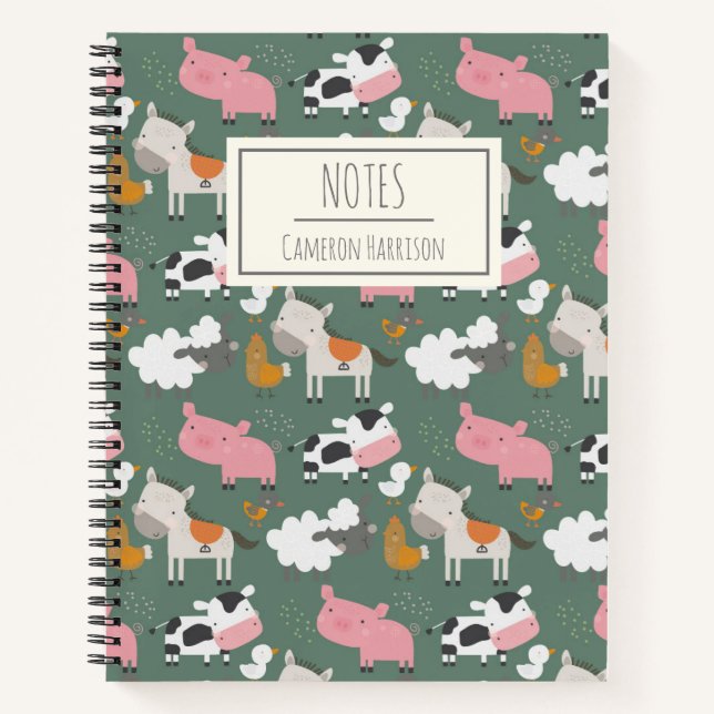 Cuaderno Patrón de animales de granja en verde personalizad (Anverso)