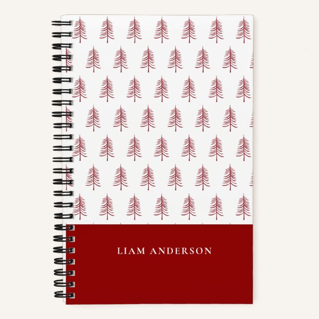 Cuaderno Patrón de árbol de Navidad rojo moderno personaliz (Anverso)