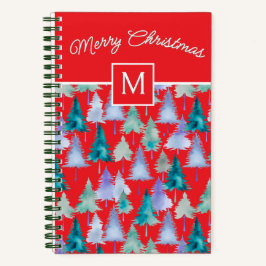 Cuaderno Patrón de Árboles de Navidad Festividad Rojo Monog