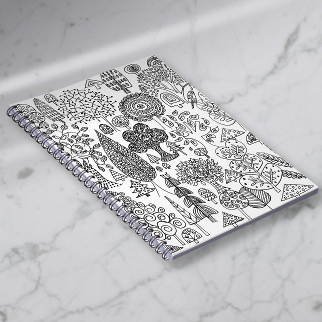 Cuaderno Patrón de árboles decorativos caprichosos en blanc (Whimsical Black and White Decorative Trees Pattern Notebook)