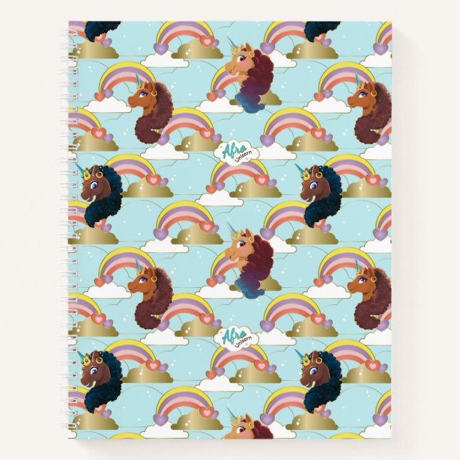 Cuaderno Patrón de arco iris y corazón de Afro Unicornio (Anverso)