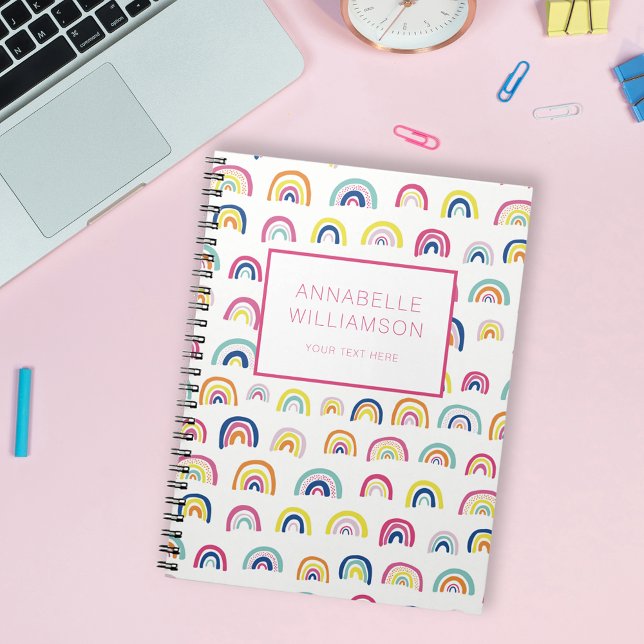 Cuaderno Patrón de arcoíris lindo con nombre personalizado (Cute rainbow notebook.  Personalize with your name & choice of text. Back to school. Kids stationery)