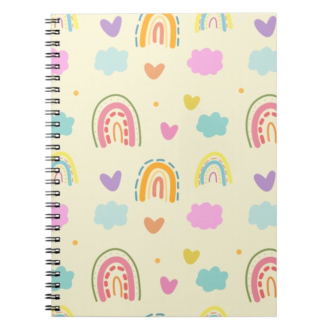 Cuaderno  "Patrón de Arcoíris y Nubes en Pastel (Frente)