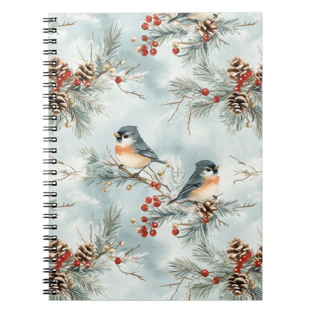 Cuaderno Patrón de aves invernales con pineconas y nieve (Frente)
