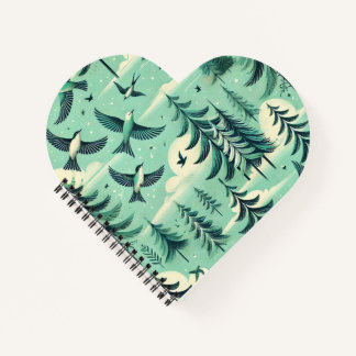 Cuaderno Patrón de aves y bosques verdes verde azulados