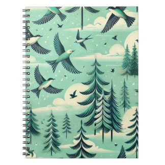 Cuaderno Patrón de aves y bosques verdes verde azulados