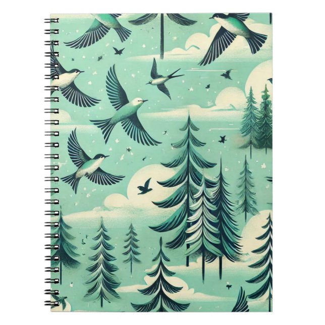 Cuaderno Patrón de aves y bosques verdes verde azulados (Frente)