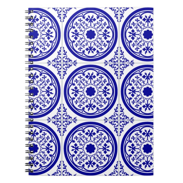 Cuaderno Patrón de azulejo gótico blanco azul (Frente)