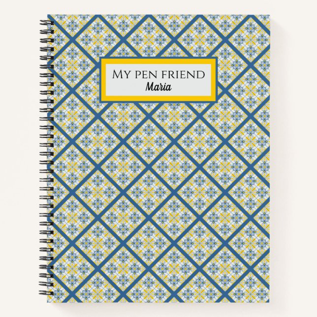 Cuaderno Patrón de azulejos azules y amarillos en portugués (Anverso)