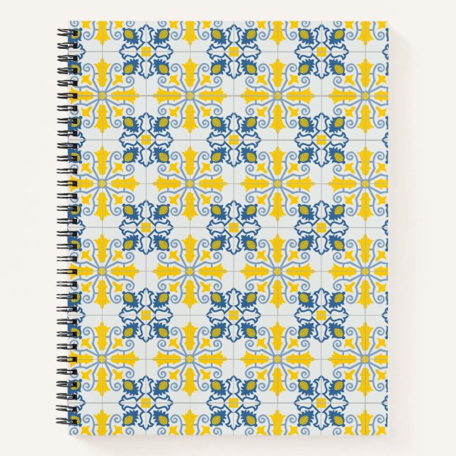 Cuaderno Patrón de azulejos azules y amarillos en portugués (Anverso)