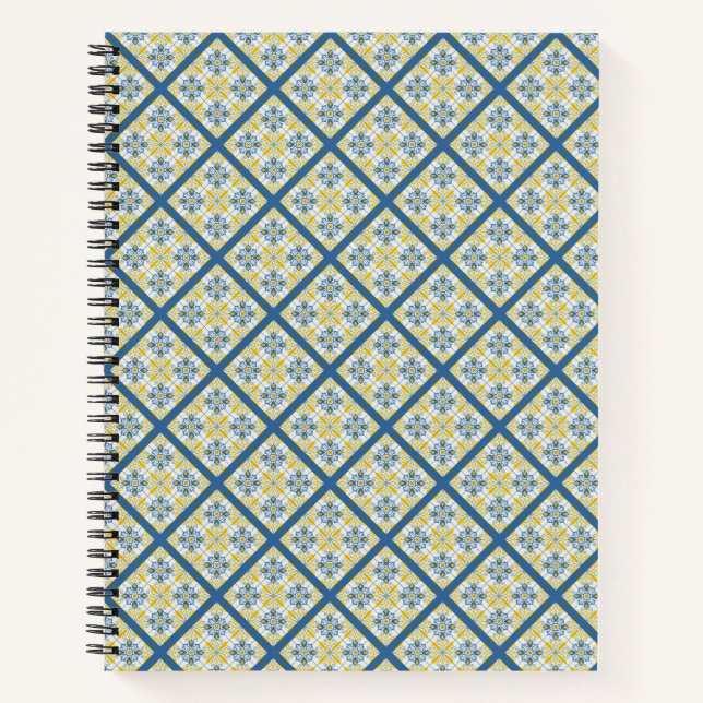Cuaderno Patrón de azulejos azules y amarillos en portugués (Anverso)
