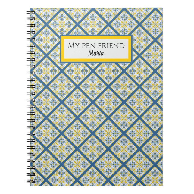Cuaderno Patrón de azulejos azules y amarillos en portugués (Frente)