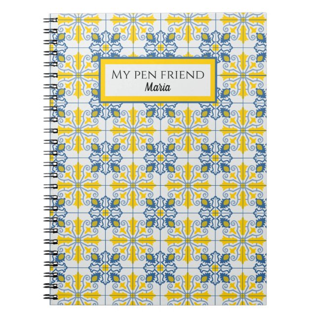 Cuaderno Patrón de azulejos azules y amarillos en portugués (Frente)