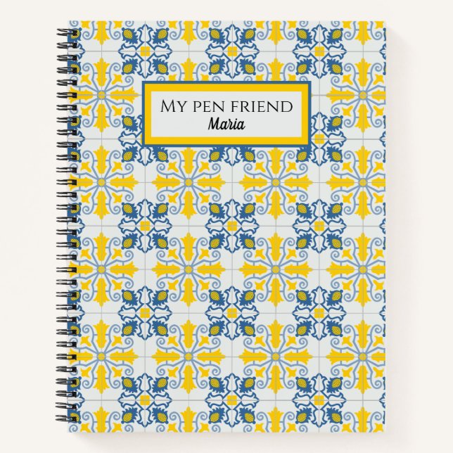 Cuaderno Patrón de azulejos azules y amarillos en portugués (Anverso)