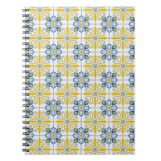 Cuaderno Patrón de azulejos azules y amarillos en portugués (Frente)