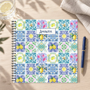 Cuaderno Patrón de azulejos sicilianas de estilo chic azul