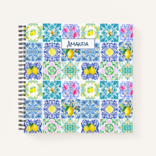 Cuaderno Patrón de azulejos sicilianas de estilo chic azul