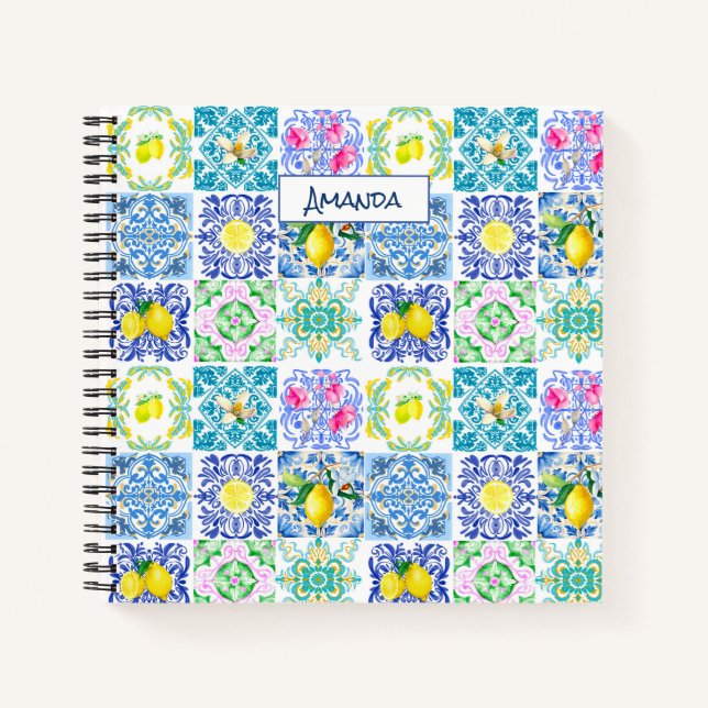 Cuaderno Patrón de azulejos sicilianas de estilo chic azul  (Anverso)