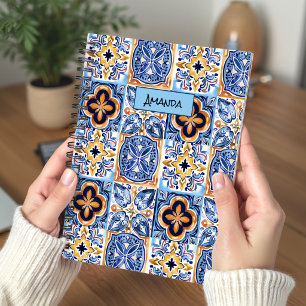 Cuaderno Patrón de baldosas cerámicas florales azules sicil